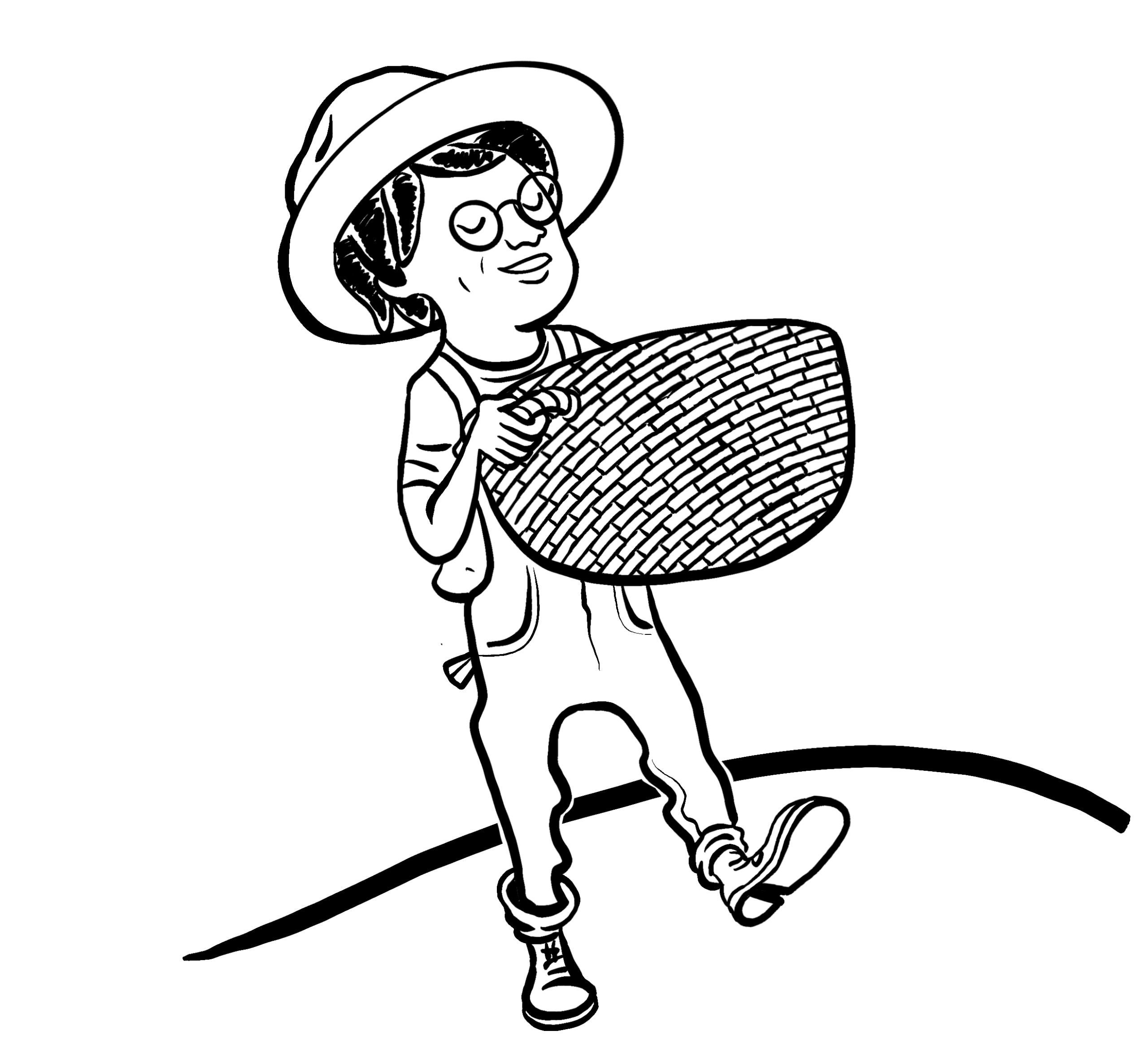 Drawing of a farmer walking with a large basket