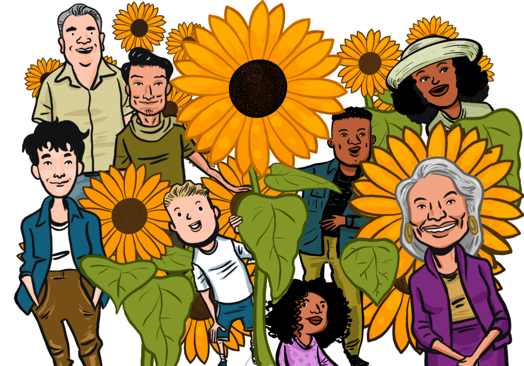 Drawing of many people amongst sunflowers